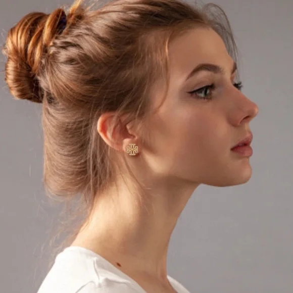 TORY BURCH • Gold Mini Britten Cut Out Logo Earrings - Picture 2 of 5